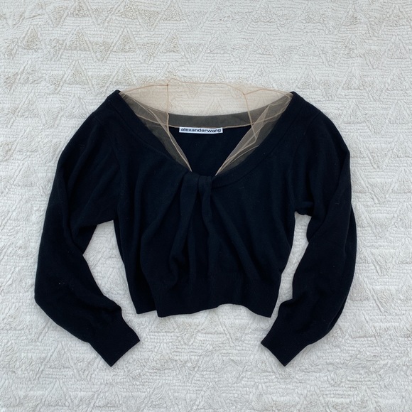 Worn once Alexander Wang cropped tulle trimmed wool blend draped neck sweater - Picture 2 of 4